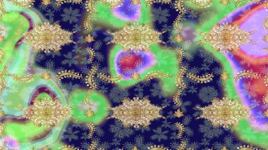 Lüks, kraliyet ve Viktorya dönemi konsepti. Süslü dekorasyon. Raster klasik barok çiçek deseni altın rengi. Altın elementlerle nötr renklerde altın desen.