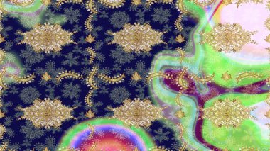 Düz elle çizilmiş klasik koleksiyon. Raster Golden eskiz kalıbı. Altın elementlerle mavi renklerde altın desen. Arkaplan, kumaş, altın duvar kağıdı.