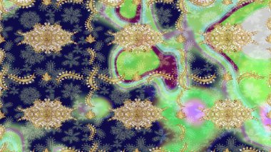 Tarafsız renklerde altın element. Damask çizimi tekrarlanıyor. Doku arka planında altın duvar kâğıdı. Barok tarzında altın çiçekli süs..