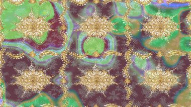 Antika altın tekrarlanabilir duvar kağıdı. Kahverengi renklerde altın element. Damask çizimi tekrarlanıyor. Barok tarzında altın çiçekli süs..