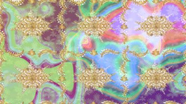 Raster eskiz deseni altın antika ortaçağ dekoratifi yapraklar ve altın desenli süslemeler ile tarafsız renklerde. Kraliyet lüksü, altın barok kumaş rengi..