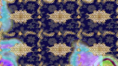 Mavi renkte çizim deseni. Doğu tarzı arabesk tarzında altın elementler. Raster Golden eskiz kalıbı. Altın desenli bukleler çiz.