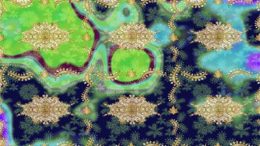 Raster illüstrasyonu. Soyut bir arkaplan çiz. Oriental raster klasik yeşil ve altın desenli.