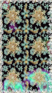 Altın çiçekli, pürüzsüz desen. Tarafsız renklerde altın element. Damask arkaplanı. Barok tarzında altın çiçekli süs..