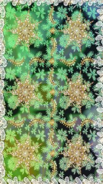 Raster illüstrasyonu. Süslü dekorasyon. Damask altın soyut çiçek yeşil renklerde pürüzsüz desen.