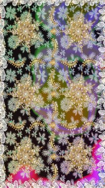 Süslü dekorasyon. Damask altın soyut çiçek gri renklerde pürüzsüz desen. Raster illüstrasyonu.