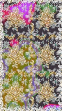 Hassas altın deseni açın. Doğu tarzı arabesk. Parlak dantel, stilize çiçekler, şal desenli. Kusursuz altın desenli bukleler. Raster. Gri renklerde, altın elementlerle kusursuz desen.