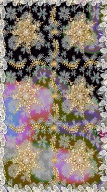 Barok tarzında altın çiçekli süs. Damask arkaplanı. Gri renklerdeki altın element. Altın çiçekli, pürüzsüz desen.