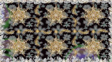 Barok tarzında altın çiçekli süs. Damask pürüzsüz yineleme kalıbı. Gri renklerdeki altın element. Antika altın tekrarlanabilir duvar kağıdı.