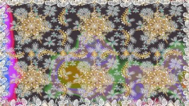 Gri renklerdeki altın element. Damask arkaplanı tekerrür ediyor. Antika altın tekrarlanabilir duvar kağıdı. Barok tarzında altın çiçek süsü..