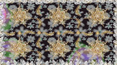 Barok tarzında altın çiçek süsü. Gri renklerdeki altın element. Antika altın tekrarlanabilir duvar kağıdı. Damask arkaplanı tekrarlayan kusursuz desen.