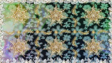 Parlak dantel, stilize çiçekler, şal desenli. Doğu tarzı arabesk. Kusursuz altın desenli bukleler. Hassas altın deseni açın. Gri renklerde, altın elementlerle kusursuz desen. Raster..