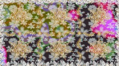 Parlak dantel, stilize çiçekler, şal desenli. Doğu tarzı arabesk. Hassas altın deseni açın. Kusursuz altın desenli bukleler. Raster. Gri renklerde, altın elementlerle kusursuz desen.