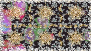 Kart, duvar kağıdı, ambalaj ve tekstil için klasik tasarım. Kusursuz desenli altın elementler. Raster illüstrasyonu. Gri renkli Royal retro. Altın şablon. Çiçeksel klasik doku.