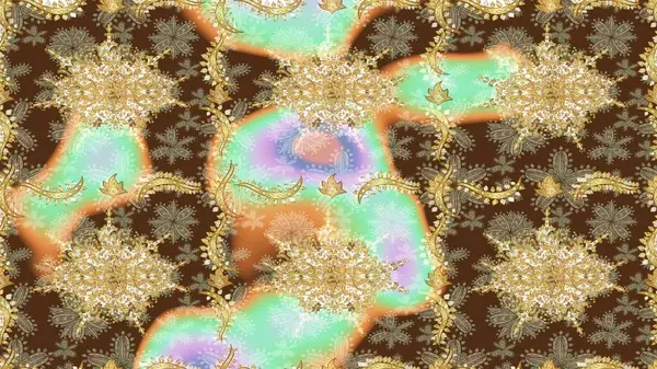 Kahverengi renklerde ve altın elementlerle geleneksel altın sarısı desen. Barok tarzında eskiz doğulu süsü..