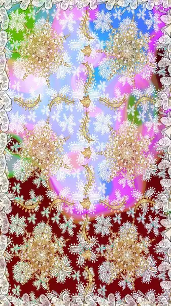 Raster illüstrasyonu. Kusursuz desenli altın elementler. Tarafsız renklerde Royal retro. Klasik çiçek dokusu. Altın şablon. Kart, duvar kağıdı, ambalaj, tekstil için klasik tasarım.