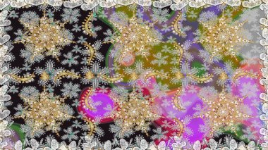 Raster illüstrasyonu. Gri renklerde ve altın elementlerle klasik, pürüzsüz desen.