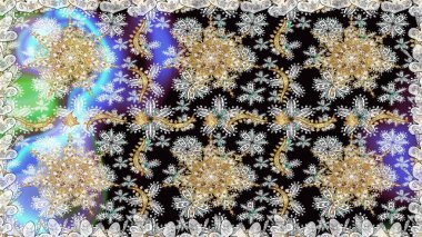 İslam tasarımı. Kusursuz desenli oryantal süs. Raster altın tekstil baskısı. Gri renkli ve altın elementli altın desenli. Çiçek karoları.