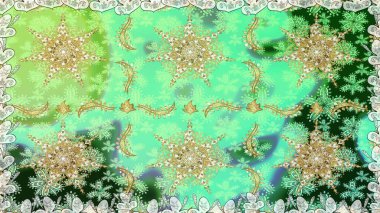 Raster oryantal süs. Barok tarzında kusursuz bir doğulu süsü. Geleneksel klasik altın desen. Altın elementlerle yeşil renklerde altın desen.