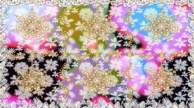 Kusursuz altın desen. Çiçek desenli altın metal. Tarafsız renkler ve altın elementler. Raster altın çiçek süsü brokar kumaş ve cam desenli..