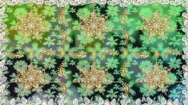 Raster illüstrasyonu. Süslü dekorasyon. Damask altın soyut çiçek yeşil renklerde pürüzsüz desen.