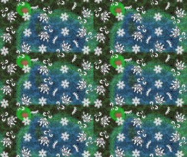 Yeşil ve mavi renkli etnik çiçekli zarif eskiz deseni. Asya Tekstil 'inde Raster Çiçek İllüstrasyonu.