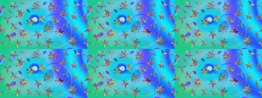Raster Çiçek İllüstrasyonu 'nun şirin tekstili. Mavi ve yeşil renkli etnik çiçeklerle zarif bir eskiz deseni.