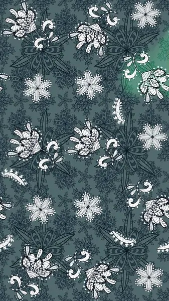 Raster illüstrasyonu. Çiçek buketleriyle klasik bir eskiz şekli. Yeşil ve mavi renklerde.