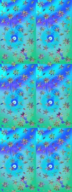 Raster illüstrasyonu. Asya tekstil tarzında. Mavi ve yeşil renkli çiçekler. Çiçek desenli çizim. Raster illüstrasyonu.