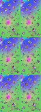 Tekstil tasarımı için yeşil ve mor renkli geleneksel halk çiçekleri buketi. Üzerinde gelincikler ve vadi zambakları olan renkli çiçek desenli nakış..