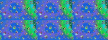 Çiçek süslemeli çizim deseni. Raster illüstrasyonu. Mavi ve yeşil renkte çiçekler.