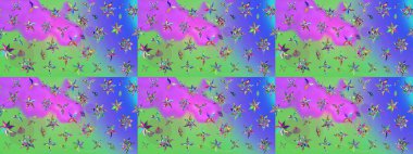 Suluboya, elle çizilmiş. Raster illüstrasyonu. Menekşe yapraklı ve yeşil renkli yabani çiçekler. Taslak arkaplan deseni.