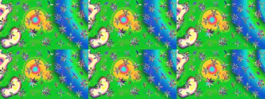 Raster suluboya çiçek deseni, narin çiçekler, yeşil ve mavi çiçekler, tebrik kartı şablonu. Güzel kumaş deseni.