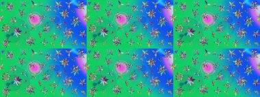 Raster illüstrasyonu. Yeşil ve mavi renklere karalamalar çizilmiş çiçek deseni.
