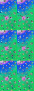 Suluboya elle çizilmiş çiçek desenli eskiz deseni. Parlak renkli fantezi çiçekleri, yapraklar, yeşil ve mavi renkli tomurcuklar yeşil ve mavi.