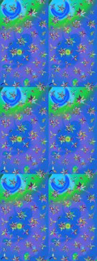 Çiçek desenli çizim. Asya tekstil tarzında. Mavi ve mor renkli çiçekler. Raster illüstrasyonu. Raster illüstrasyonu.