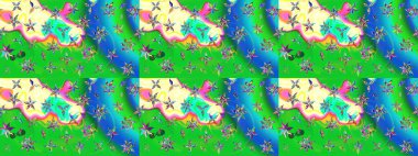 3D çiçekler, eskiz. Raster illüstrasyonu. Yeşil ve mavi renklerde.