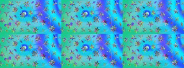 Mavi ve yeşil renkli çiçekler. Çiçek desenli eskiz. Tişört baskısı için çiçek boyama rasteriName.