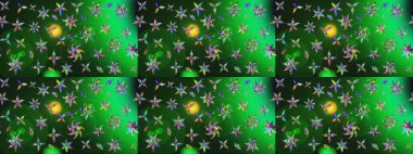 Raster düz çiçek çizim deseni. Hediye ambalaj kağıdı, tebrik kartları, posterler ve pankart tasarımı. Yeşil ve gri renkte çiçekler.