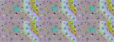 Eski usul küçük çiçekli şirin bir eskiz deseni. Raster illüstrasyonu. Kumaş, duvar kağıdı ve kağıt üzerine baskı yapmak için gelişen arka plan. Moda arka planında parlak buketler.