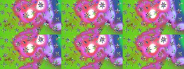 Yeşil ve pembe renklerde. Çiçek buketleriyle klasik bir eskiz şekli. Raster illüstrasyonu.