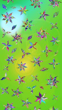 Soyut etnik raster çizim kalıbı. Vadinin yeşil ve mavi renkli çiçekleri. Çiçekler..