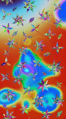 Hediye ambalaj kağıdı, tebrik kartları, posterler ve pankart tasarımı. Mavi ve turuncu renkli çiçekler. Raster düz çiçek çizim deseni.