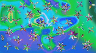 Çiçekli yumuşak bir eskiz şekli. Raster illüstrasyonu. Yumuşak, bahar çiçekleri mavi ve yeşil renklerde. Raster çiçekleri klasik tarzda resmedilir..