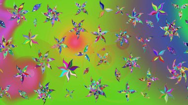 Düz Çiçek Elementleri Tasarımı. Yeşil ve mor renkli çiçekler. Renkli Bahar Teması eskiz kalıbı. Raster illüstrasyonunda çiçek deseni çizimi.