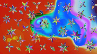 Küçük çiçekli basit bir çiçek çizimi. Raster illüstrasyonu. Moda baskısı, albüm, ambalaj kağıdı ve duvar kağıdı için zarif dekoratif süslemeler. Mavi ve kırmızı renkte şirin çiçekler..