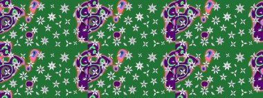 Yeşil ve nötr renklerde etnik çiçeklerle süslenmiş zarif bir eskiz. Asya Tekstil 'inde Raster Çiçek İllüstrasyonu.