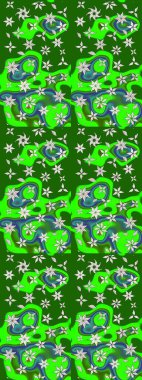 Raster Floral Illustration, Asyalı tekstil. Yeşil ve nötr renklerdeki etnik çiçeklerle zarif eskiz deseni.