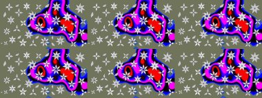 Parlak renkli fantezi çiçekleri, yapraklar yeşil ve mavi renkli tomurcuklar yeşil ve mavi. Suluboya el çizimi elementli çiçek çizimi deseni.