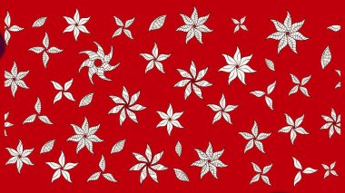 Kırmızı ve nötr renklerde yapraklar ve parlak renkli çiçeklerle muhteşem bir çiçek deseni. Modern çiçek arkaplanı. Moda baskıları için zarif bir şablon. Halk stili.